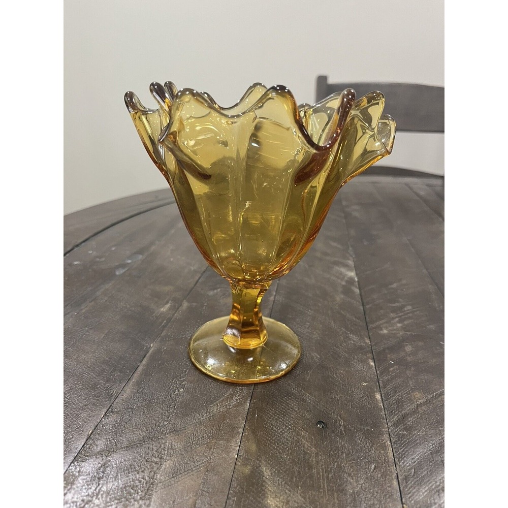 Vintage Mid Century Modern Amber Glass Footed Pedestal Vase Compote‎